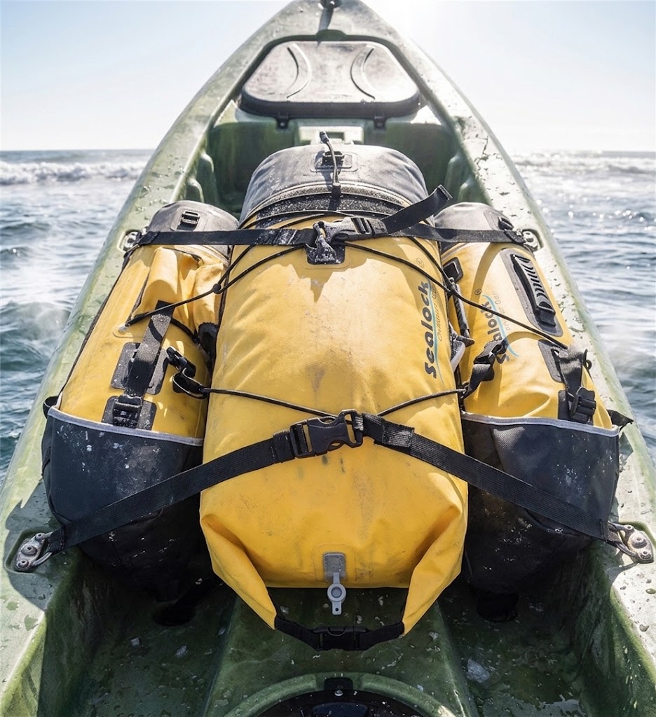 Dry bag lashed to a kayak deck under strong sun with salt spray on the fabric